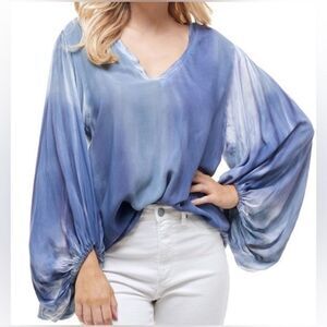 T Party Tie Dyed V-neck Top Balloon Sleeves Blue XL